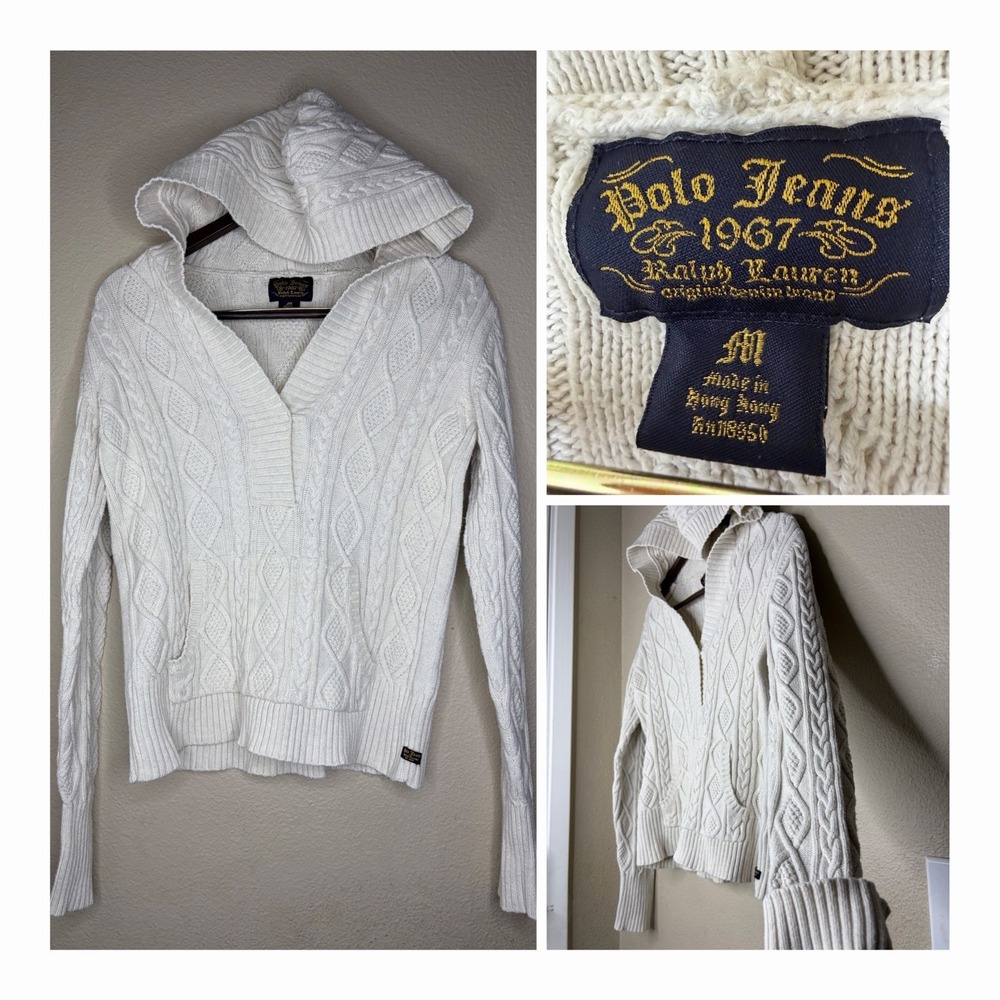 Polo Jeans Co Ralph Lauren 1967 Y2K White Cable Knit Hooded Sweater Medium